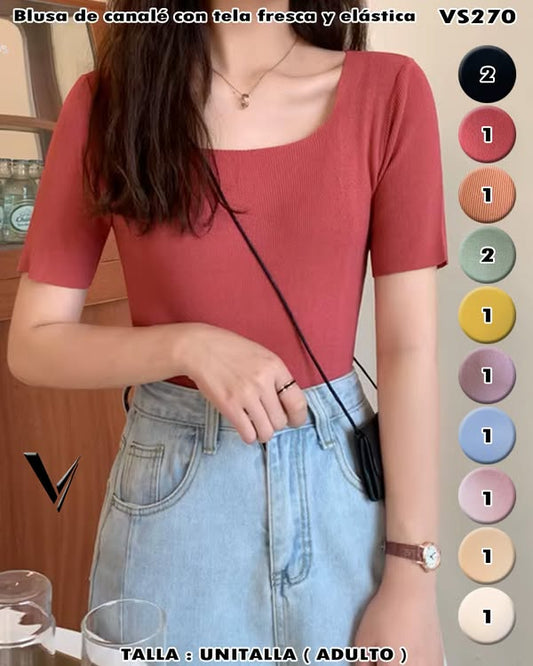 VS270 - Blusa de canalé con tela fresca y elástica