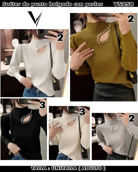 VS258 - Suèter de punto holgado con perlas