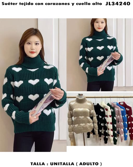 JL34240 - Suéter tejido con corazones y cuello alto