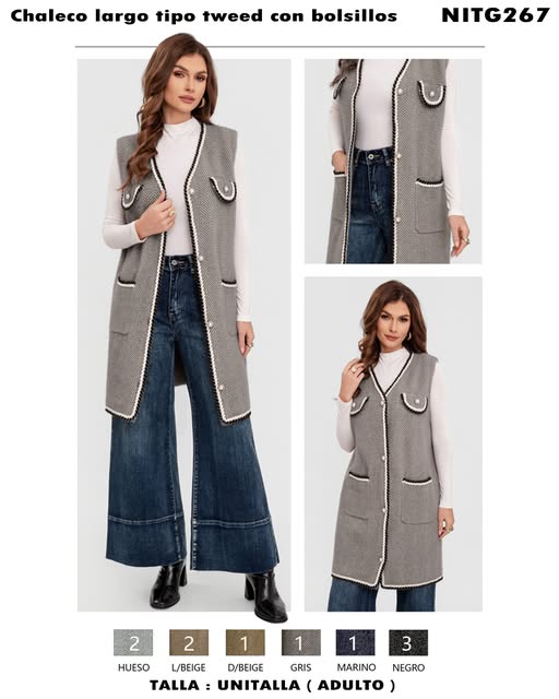 NITG267 - Chaleco largo tipo tweed con bolsillos