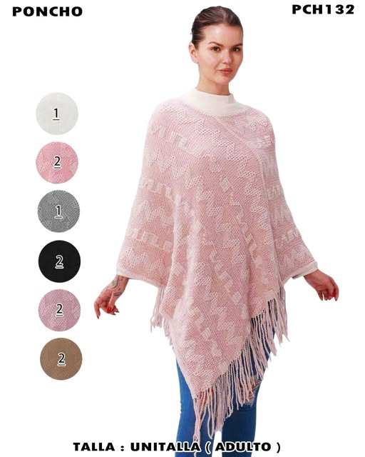 PCH132 – Poncho Ligero con Flecos y Tejido Zigzag