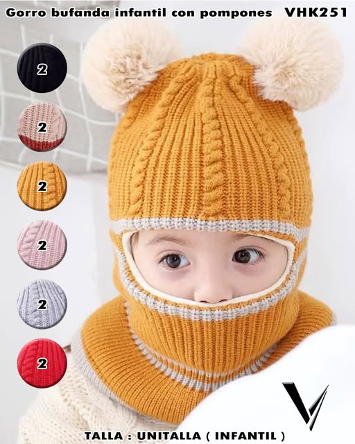 VHK251 - Gorro Bufanda Infantil con Pompones