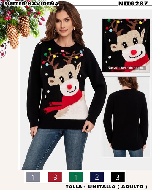 NITG287 - Suéter Navideño con Reno y Pompones