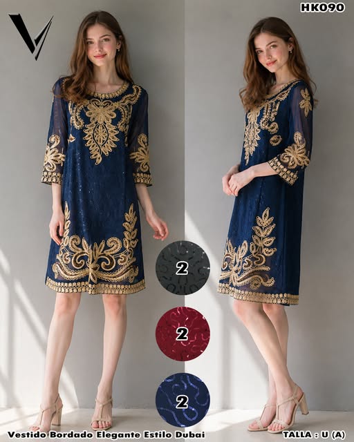 HK090 - Vestido Bordado Elegante Estilo Dubai