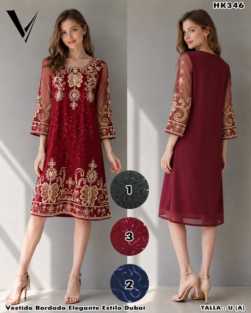HK346 - Vestido Bordado Elegante Estilo Dubai