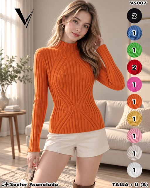 VS007 - Suéter Acanalado Cuello Alto para Dama