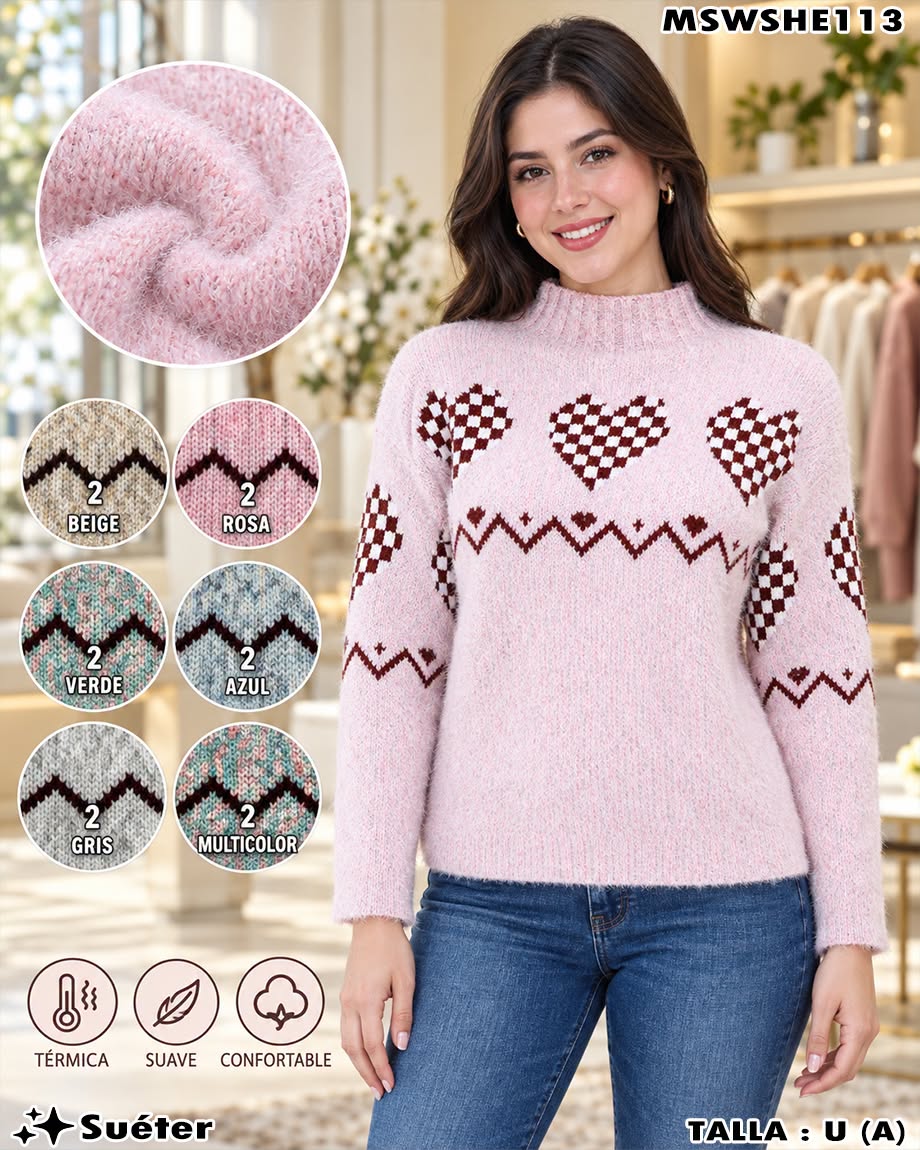 MSWSHE113 - Suéter Afelpado con Cuello Alto y Corazones a Cuadros