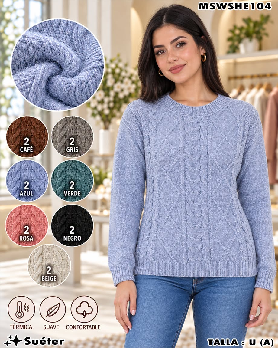 MSWSHE104 - Suéter de Punto con Cuello Redondo, Trenzas y Rombos