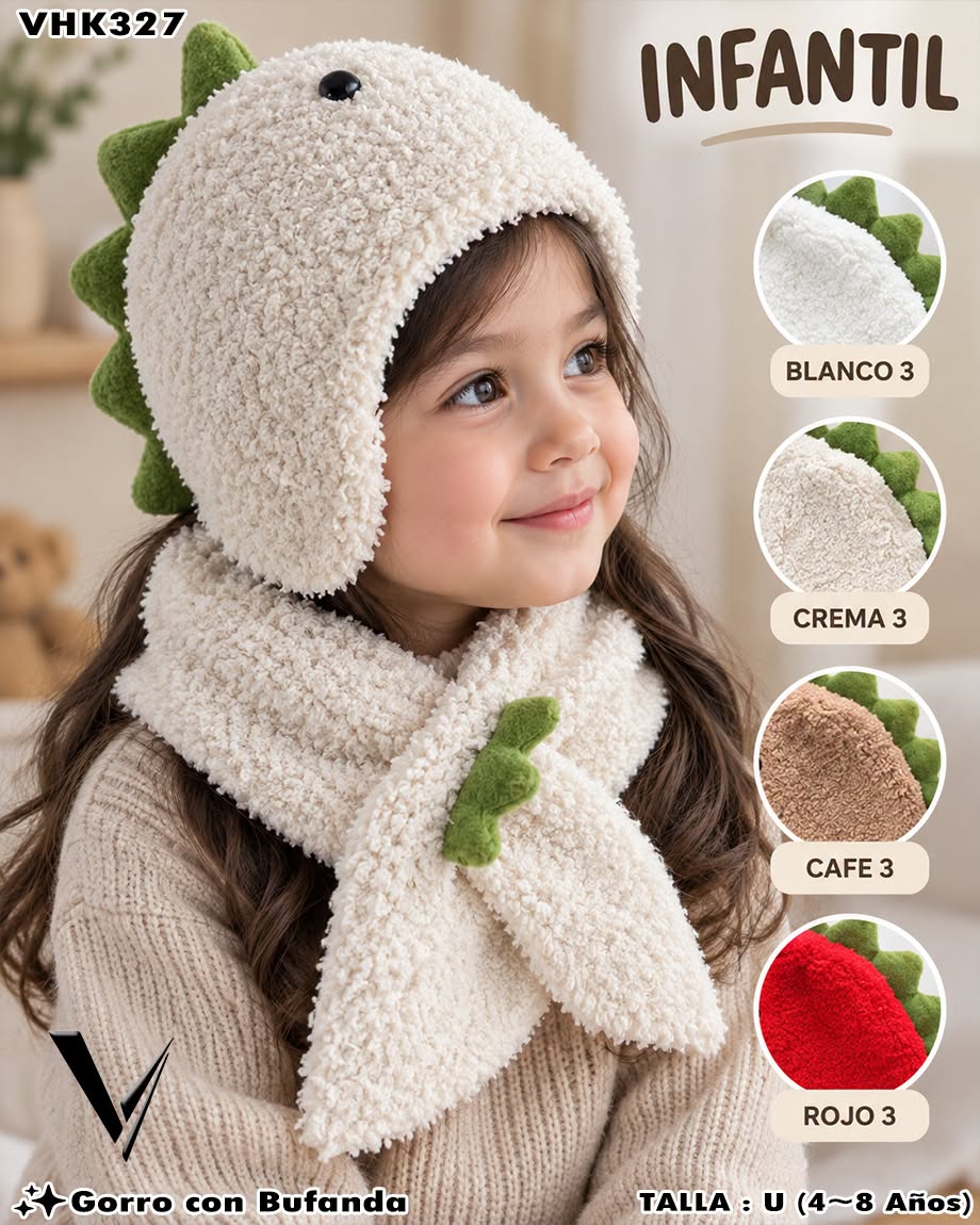 VHK327 - Set Infantil de Gorro con Bufanda de Dinosaurio