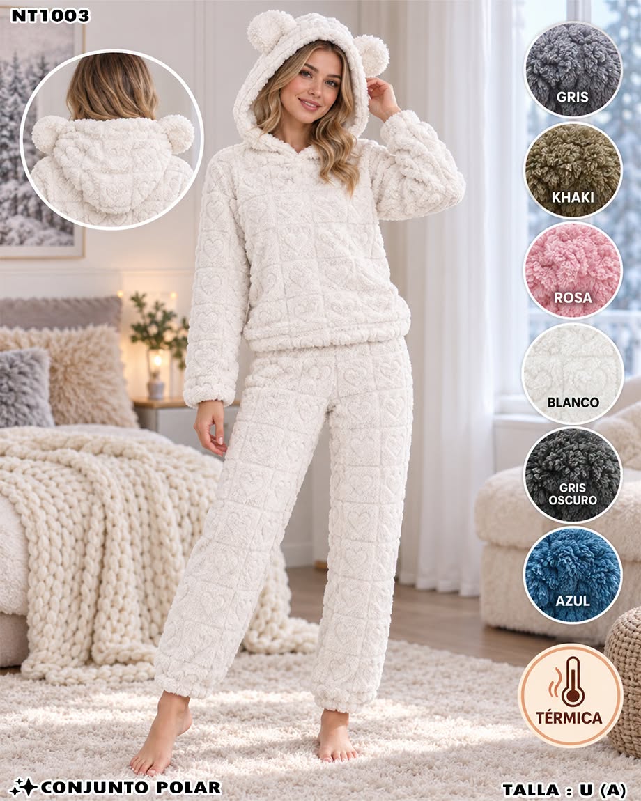 NT1003 - Conjunto Polar Térmico con Gorro de Osito para Dama