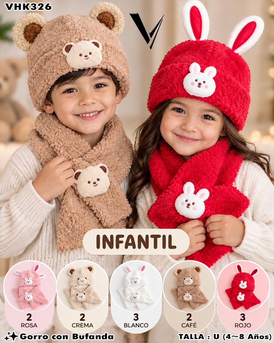 VHK326 - Set Infantil de Gorro con Bufanda de Animalitos