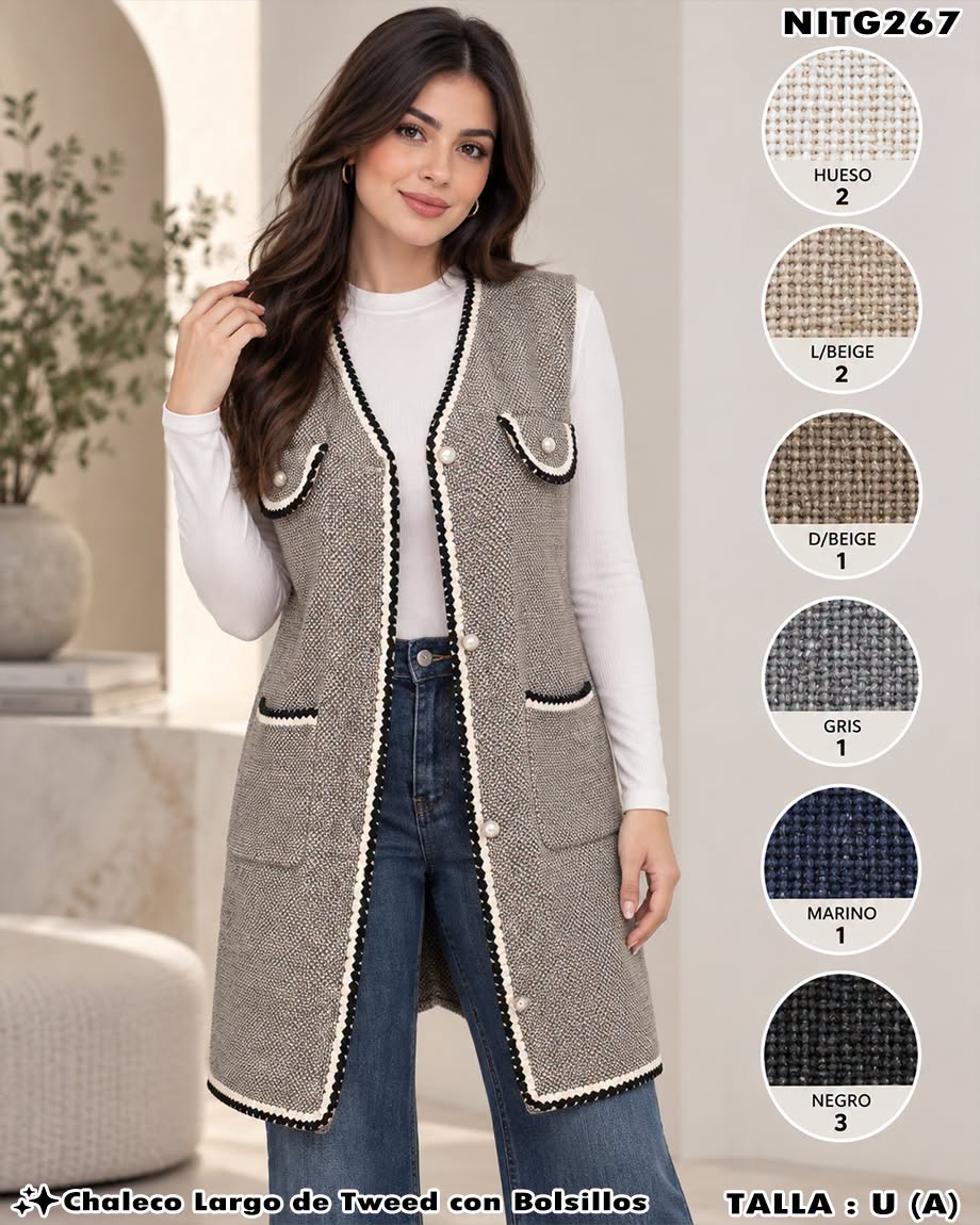 NITG267 - Chaleco Largo de Tweed con Bolsillos para Dama