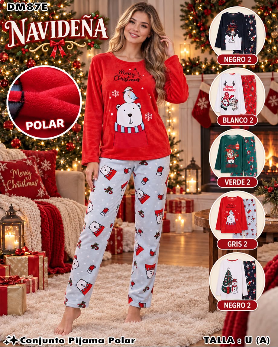 DM87E - Conjunto de Pijama Navideña Polar para Mujer