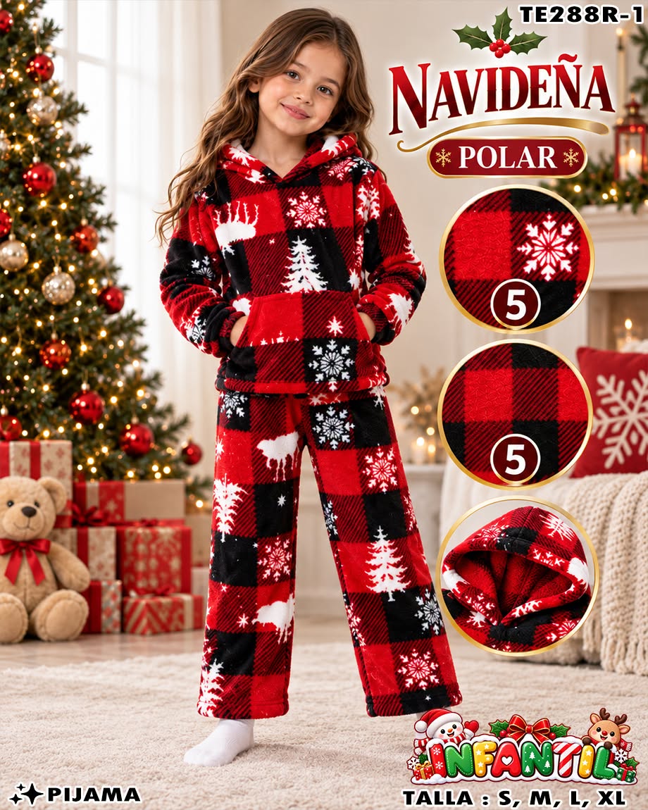 TE288R-1 - Pijama Navideña Infantil de 2 Piezas en Tela Polar