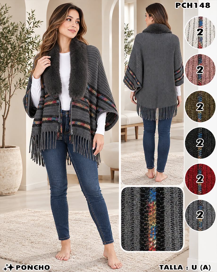 PCH148 - Poncho Tejido para Dama con Cuello de Peluche y Detalles Multicolor