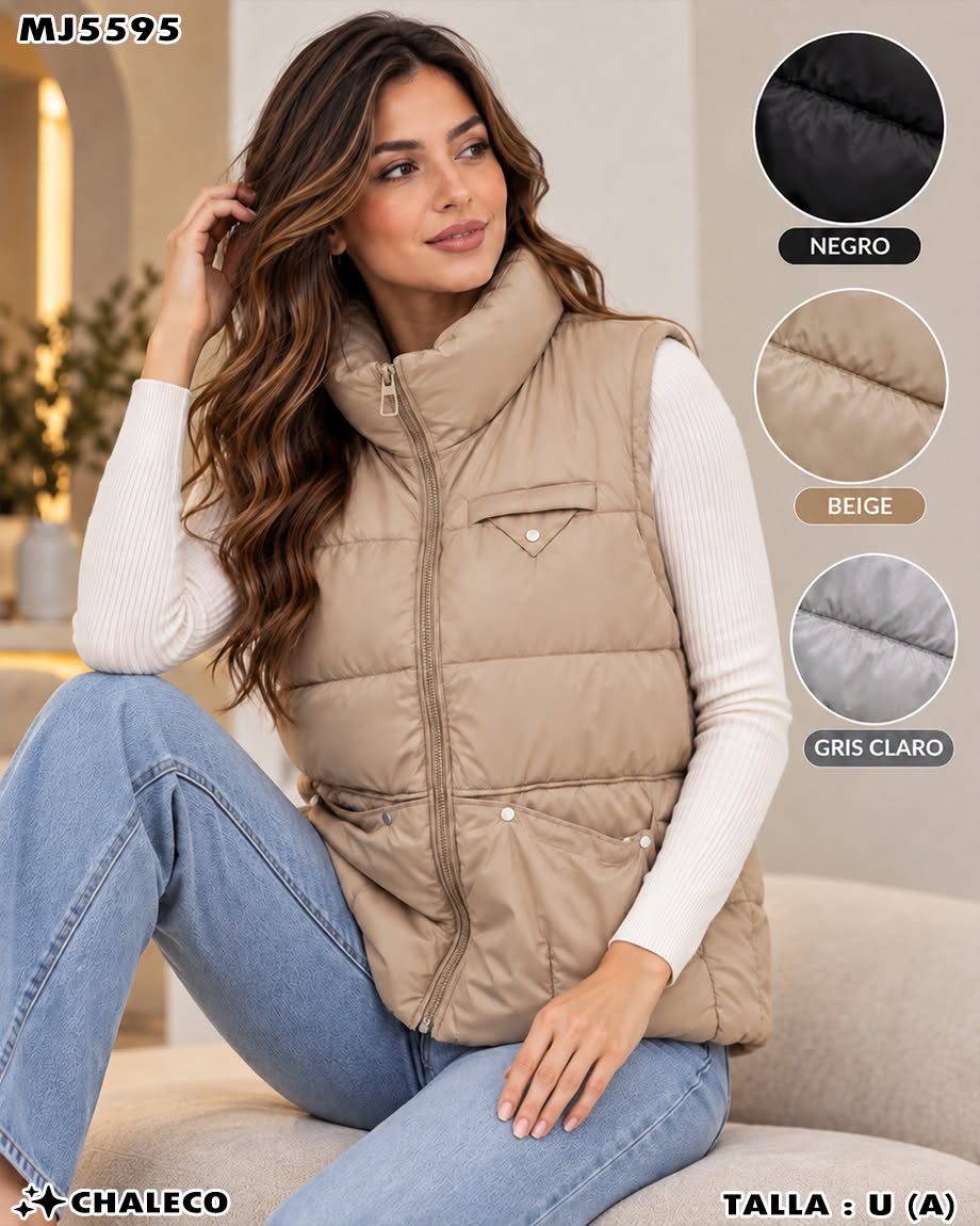 MJ5595 - Chaleco Acolchado con Cuello Alto y Bolsillos para Dama