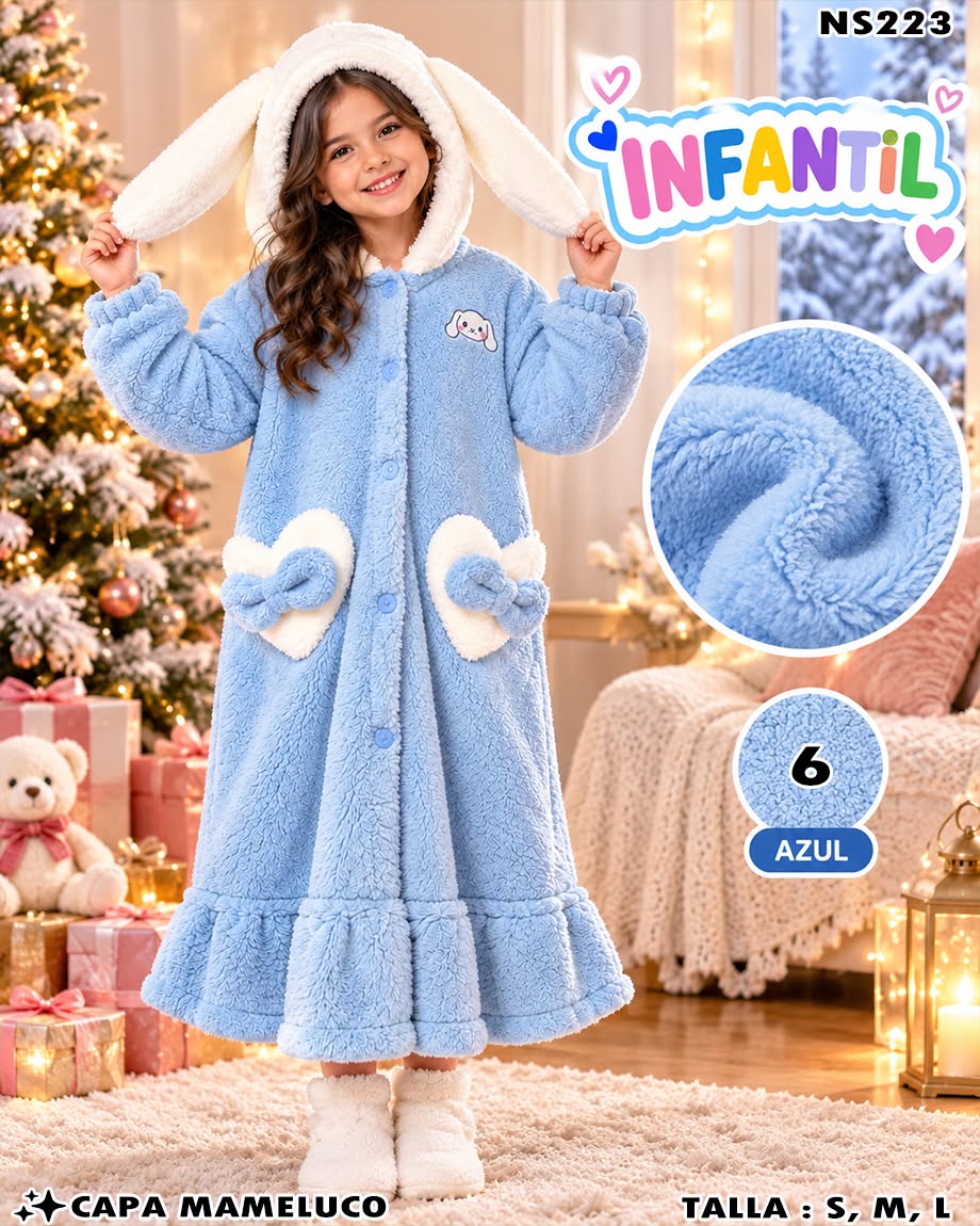 NS223 - Capa Mameluco Infantil de Peluche con Gorro de Orejas