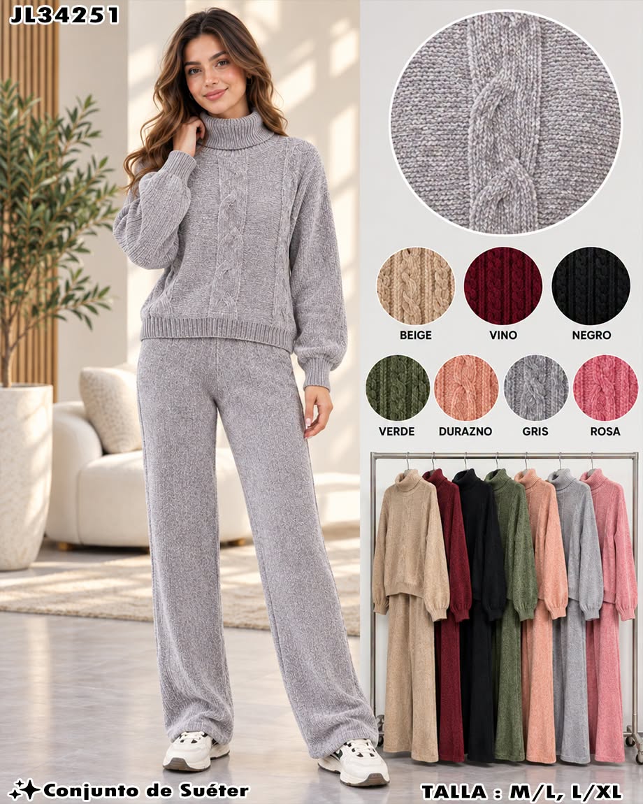 JL34251 - Conjunto de Suéter de Dama Tejido con Cuello Alto y Pantalón de Pierna Ancha