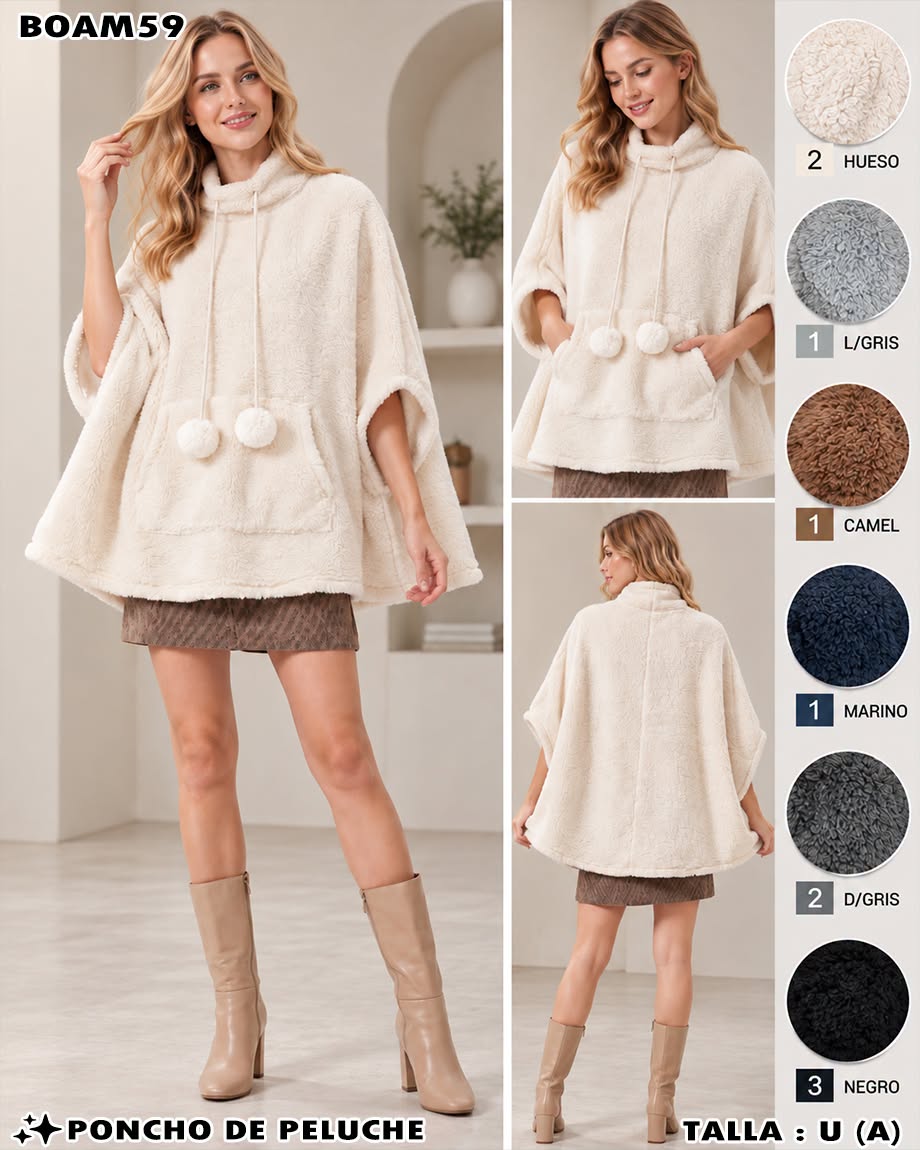 BOAM59 - Poncho de Peluche con Pompones