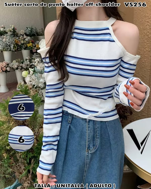 VS256 - Suèter corto de punto halter off-shoulder