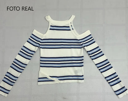 VS256 - Blusa Juvenil Off Shoulder de Rayas
