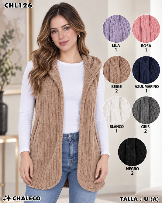 CHL126 - Chaleco Largo de Peluche con Capucha para Dama