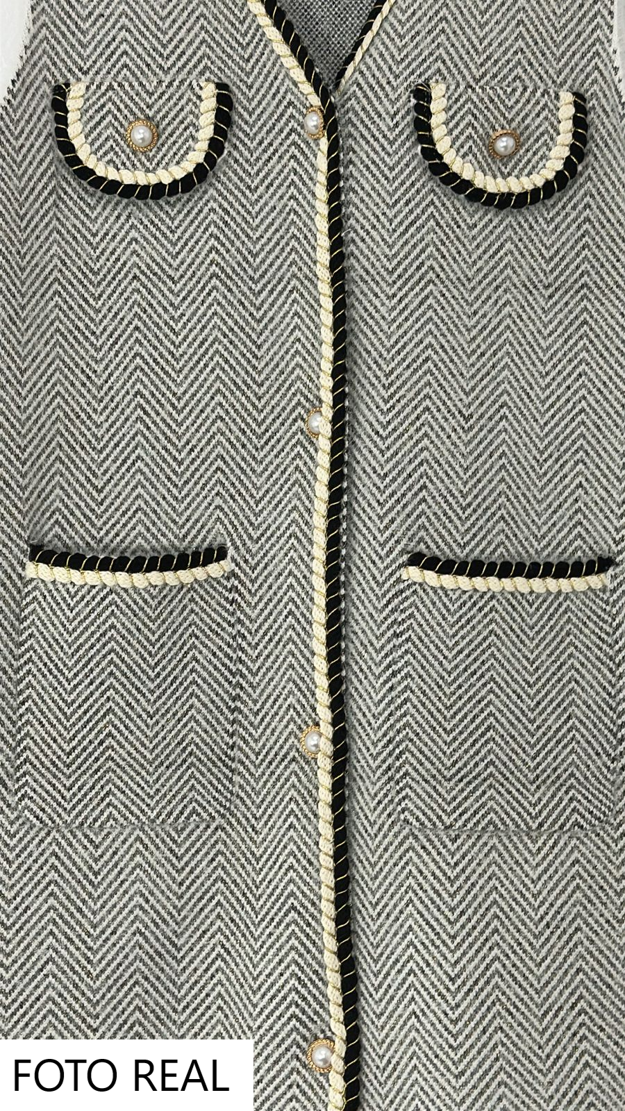 NITG267 - Chaleco largo tipo tweed con bolsillos