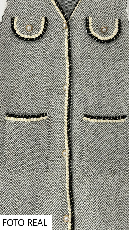 NITG267 - Chaleco largo tipo tweed con bolsillos
