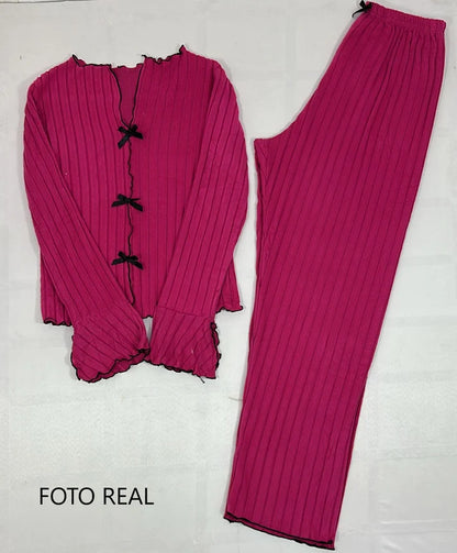 VCC30 - Conjunto de Pijama para Dama Acanalado con Moños
