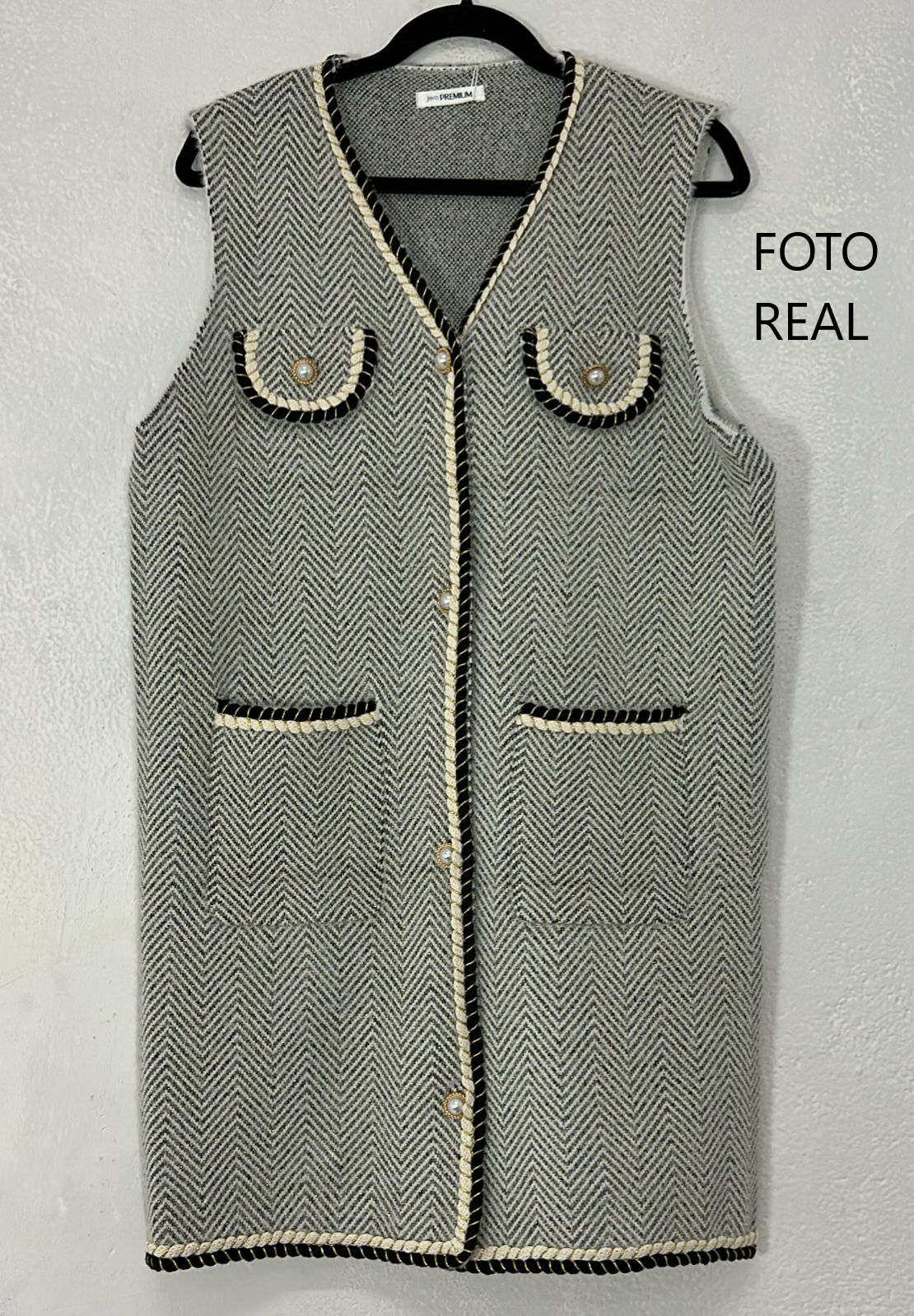 NITG267 - Chaleco largo tipo tweed con bolsillos