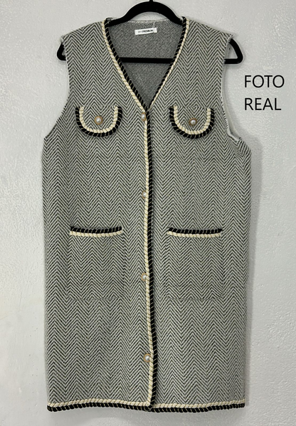NITG267 - Chaleco largo tipo tweed con bolsillos