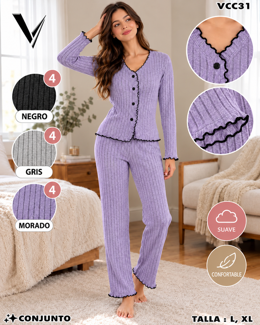 VCC31 - Conjunto de Pijama para Dama Acanalado con Botones