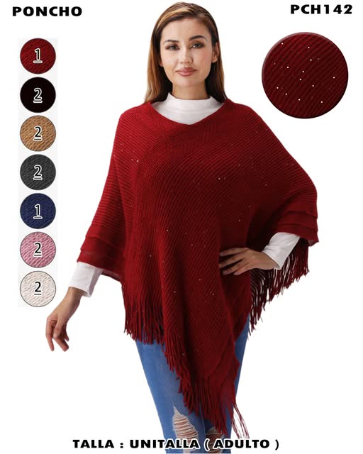 PCH142 – Poncho con Brillos y Flecos Elegantes