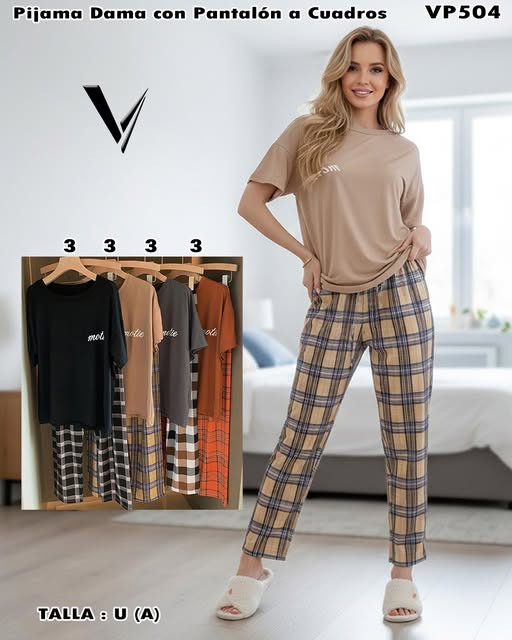 VP504 – Pijama Dama con Pantalón a Cuadros