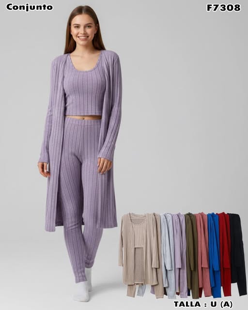 F7308 – Conjunto acanalado 3 piezas (top + pantalón + cardigan)