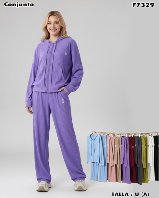 F7329 – Conjunto casual acanalado con cierre y capucha