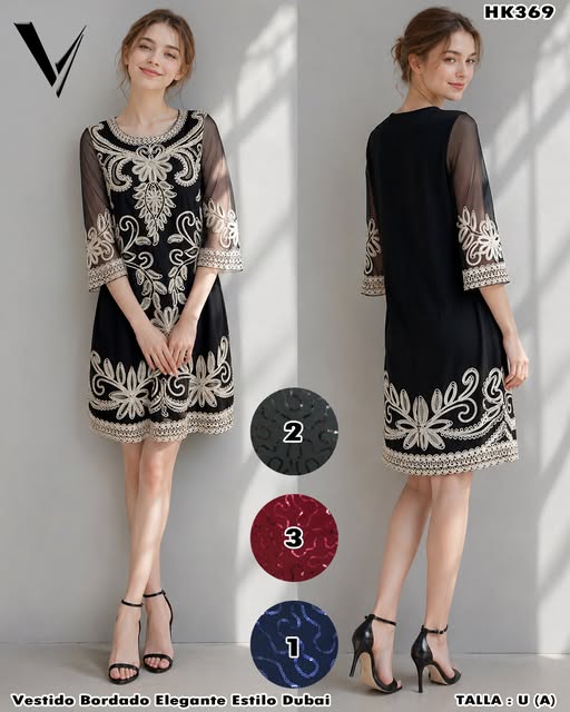 HK369 - Vestido Bordado Elegante Estilo Dubai
