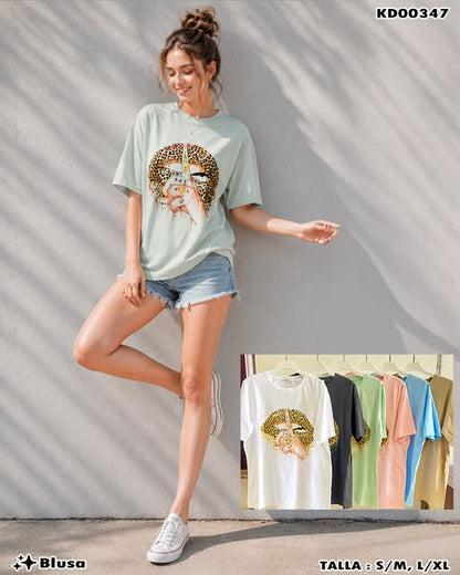 KD00347 - Blusa estampada con labios leopardo