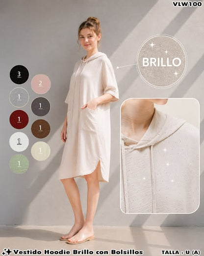 VLW100 - Vestido Hoodie Brillo con Bolsillos
