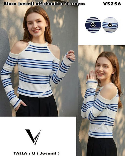 VS256 - Blusa Juvenil Off Shoulder de Rayas