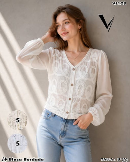VJ128 - Blusa Bordada con Diseño Calado