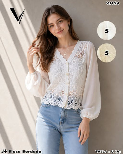 VJ124 - Blusa Bordada con Encaje