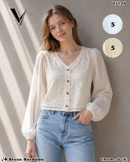 VJ126 - Blusa Bordada con Encaje