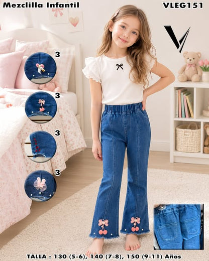 VLEG151 - Mezclilla Infantil con Bordado de Moño y Cereza