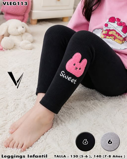 VLEG113 - Leggings Infantil Acanalado con Bordado de Conejito