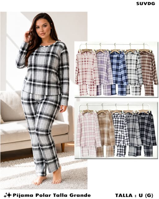 SUVDG - Pijama Polar a Cuadros Talla Grande para Dama