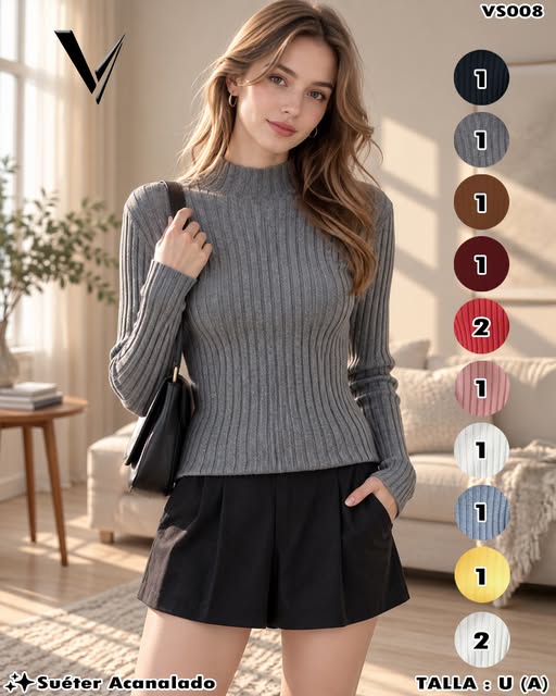VS008 - Suéter Acanalado Cuello Alto para Dama