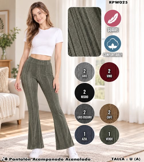 RPW025 - Pantalón Acampanado Acanalado para Dama
