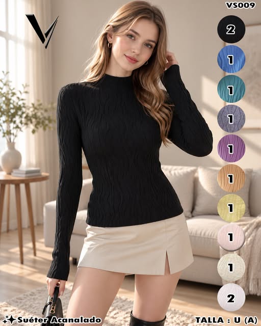 VS009 - Suéter Acanalado Cuello Alto para Dama
