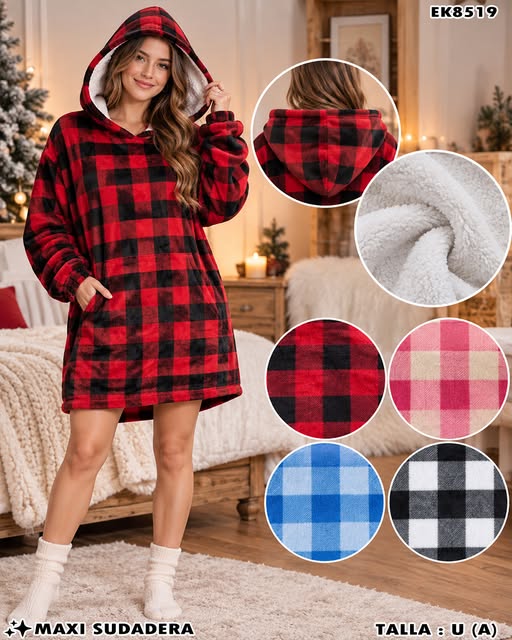 EK8519 - Maxi Sudadera a Cuadros con Capucha